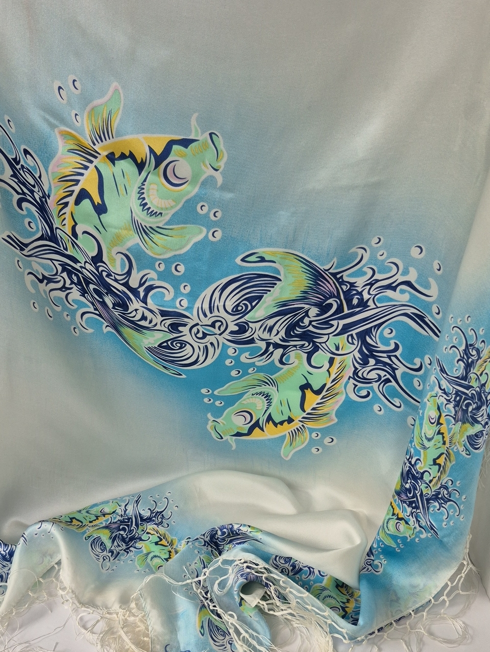 Authentic Vintage Ed Hardy Koi Fish Blue White Scarf with original slider pouch